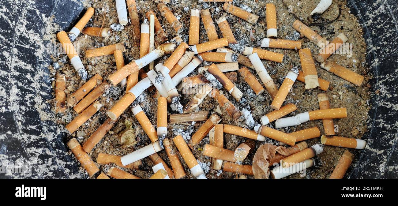 cigarette butts combined in a cigarette disc Concept of many cigarette debris after smoking Stock Photo