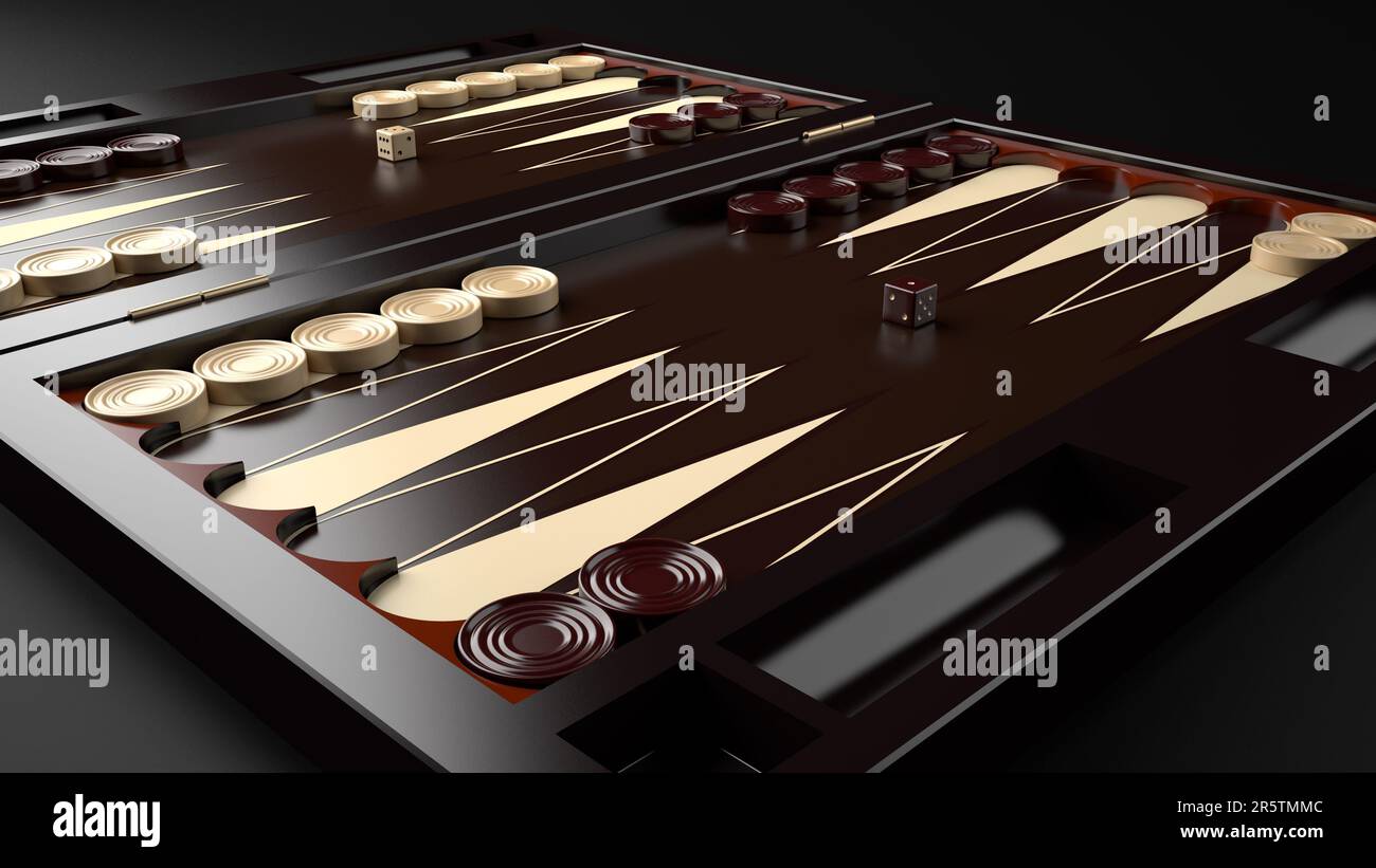 A wooden backgammon board with all pieces and dice in place, ready for play Stock Photo