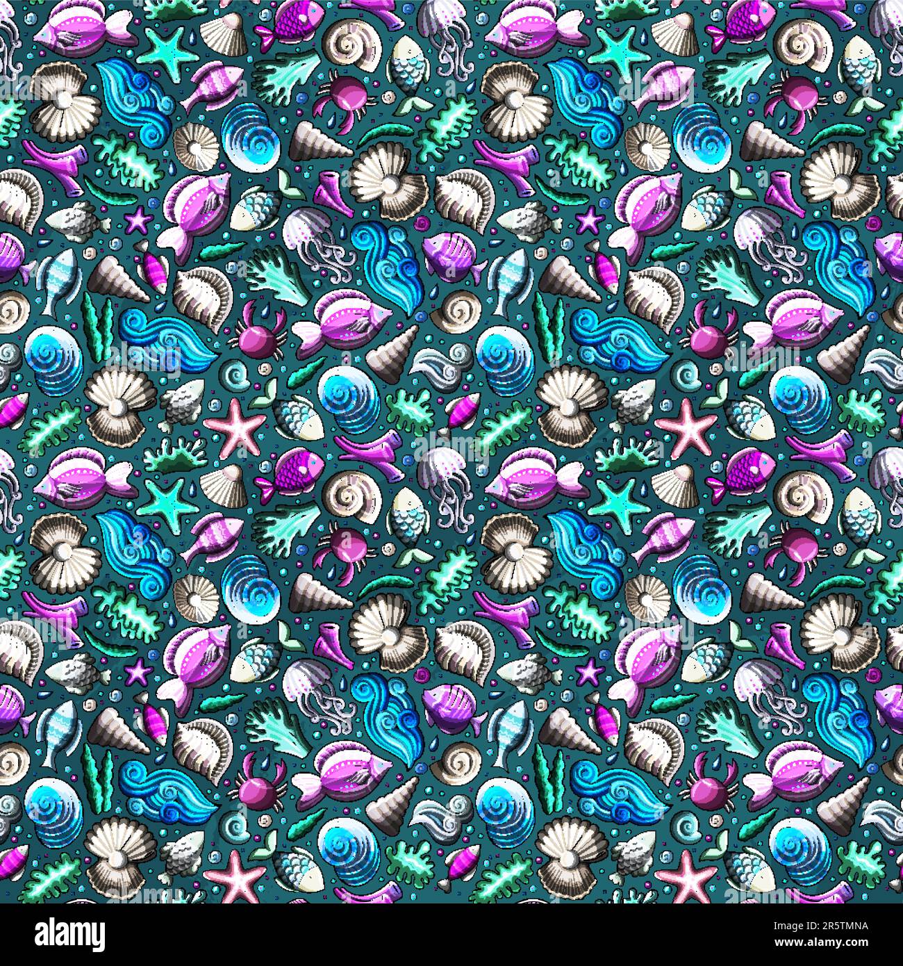 Cartoon cute hand drawn sea life seamless pattern. Colorful detailed, with lots of objects background. Endless funny vector illustration. Bright color Stock Vector