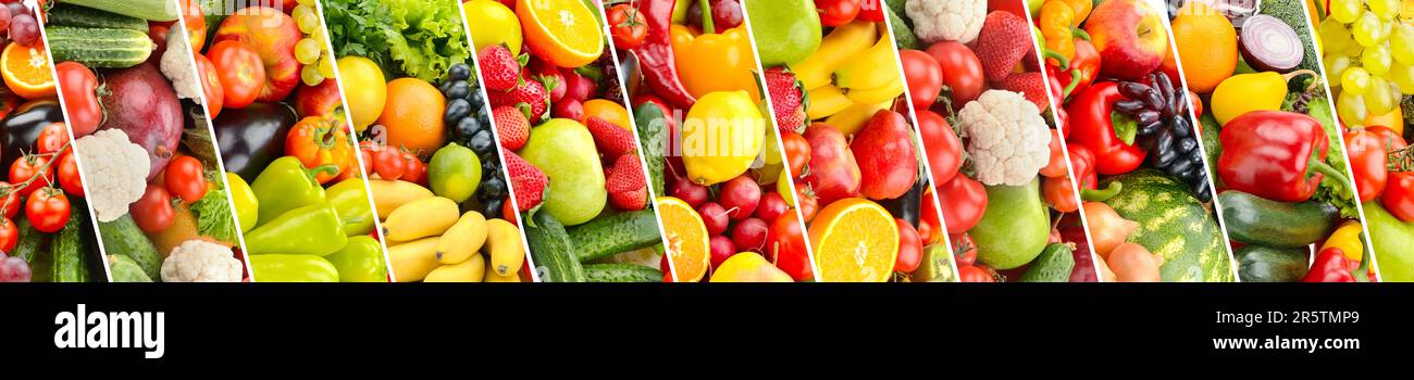 Wide panoramic background healthy fresh vegetables, fruits and berries. Stock Photo