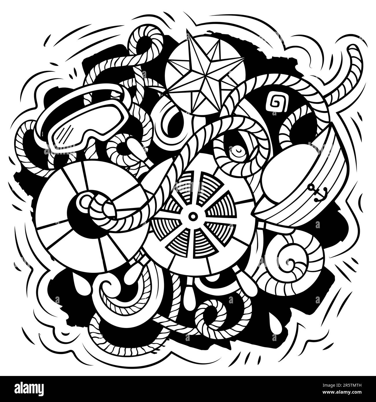 Nautical cartoon vector illustration. Sketchy detailed composition with lot of Marine objects and symbols. All items are separate Stock Vector