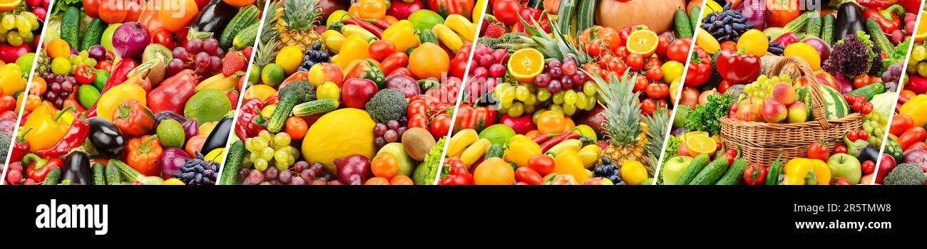 Wide panoramic background healthy fresh vegetables, fruits and berries. Stock Photo