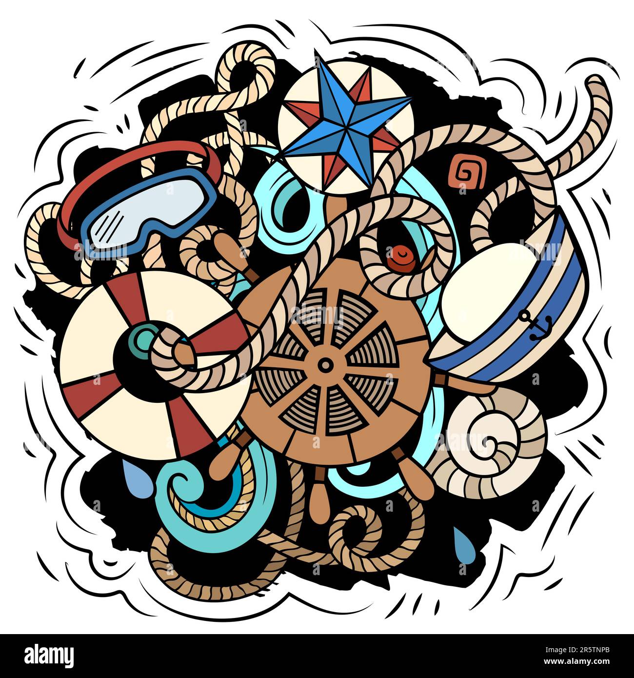 Nautical cartoon vector illustration. Colorful detailed composition with lot of Marine objects and symbols. All items are separate Stock Vector