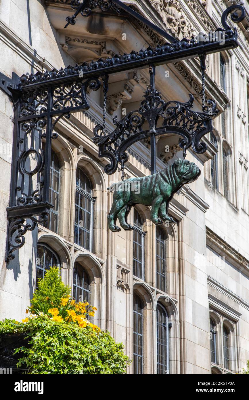 London, UK - April 20th 2023: The Bulldog hanging sign on the exterior of Two Temple Place in London, UK. Stock Photo