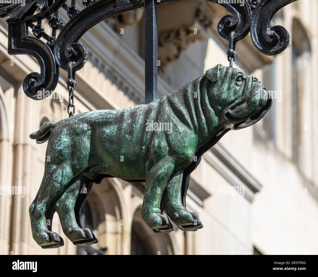 London, UK - April 20th 2023: Close-up of a Bulldog hanging sign on the exterior of Two Temple Place in London, UK. Stock Photo