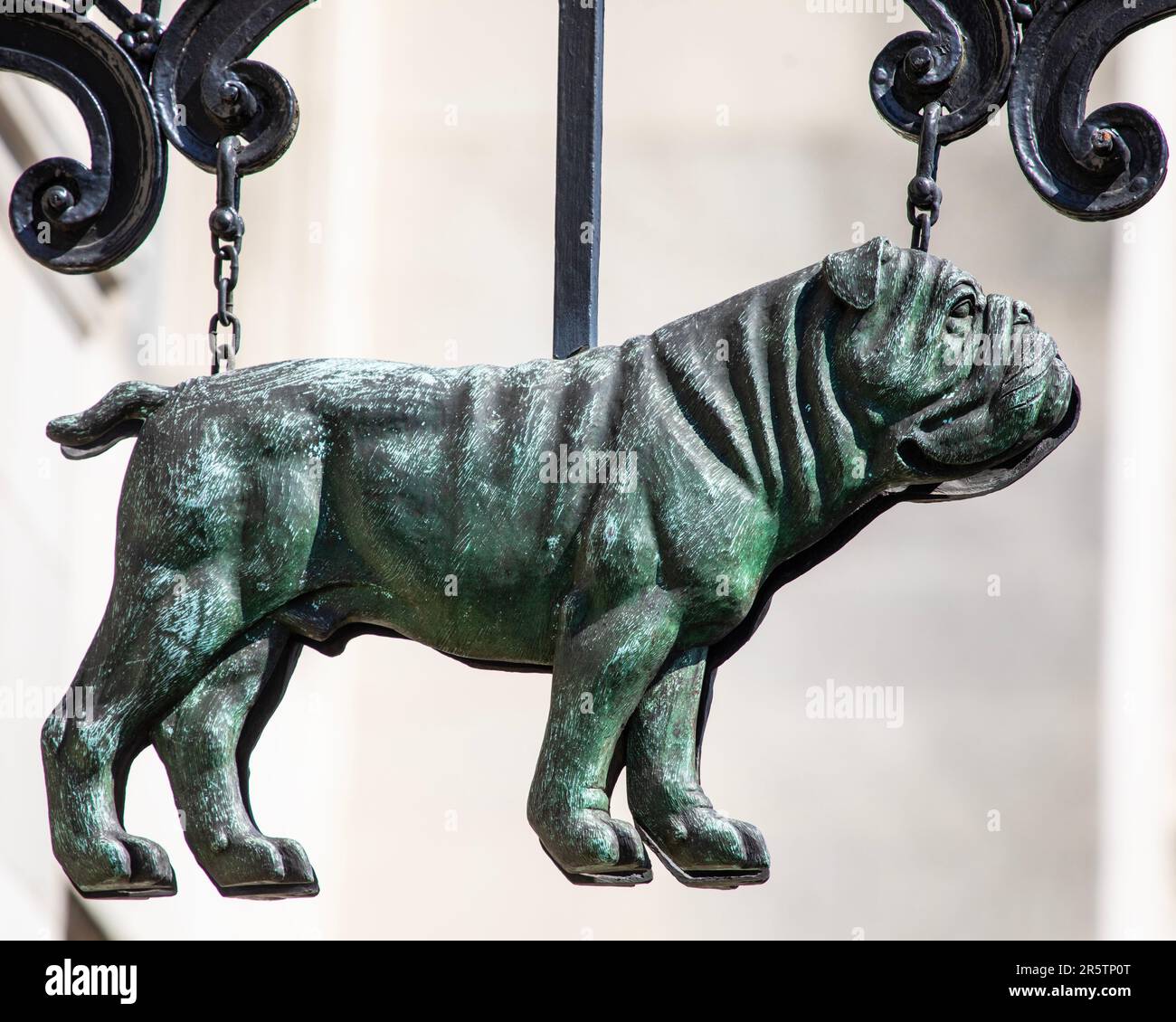 London, UK - April 20th 2023: Close-up of a Bulldog hanging sign on the exterior of Two Temple Place in London, UK. Stock Photo