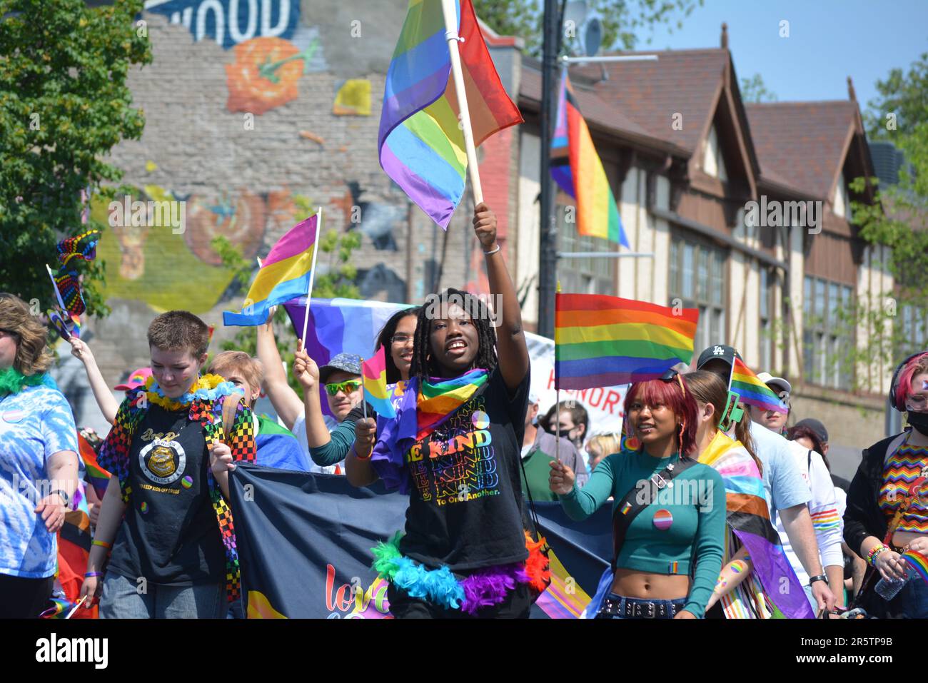 Youn people taking part in the annual Pride Parade in Buffalo, New York. Stock Photo