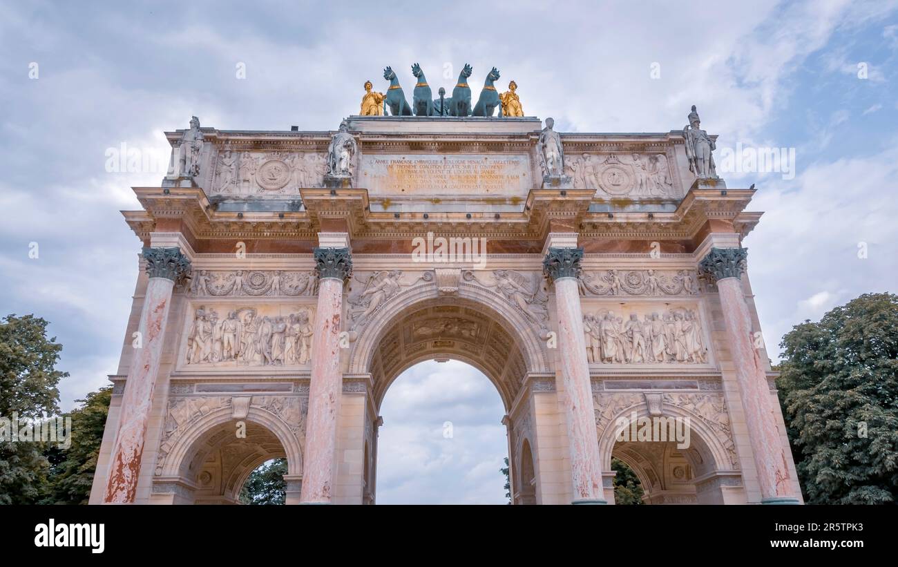A close-up shot of the iconic Arc de Triomphe located in Paris, France ...