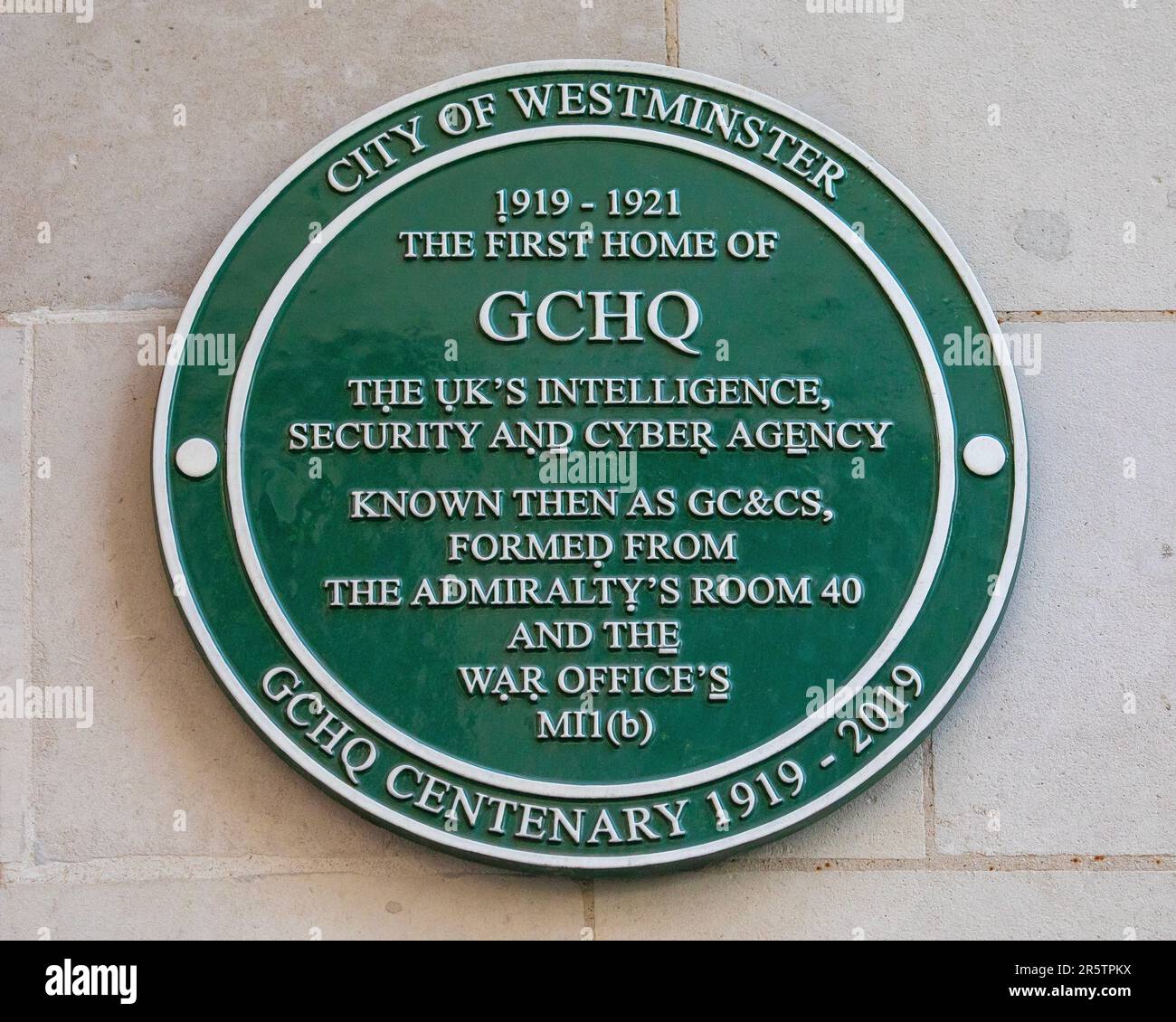 London, UK - April 20th 2023: Plaque on the exterior of Watergate House in London, marking the location of the first home of GCHQ- the UKs intelligenc Stock Photo