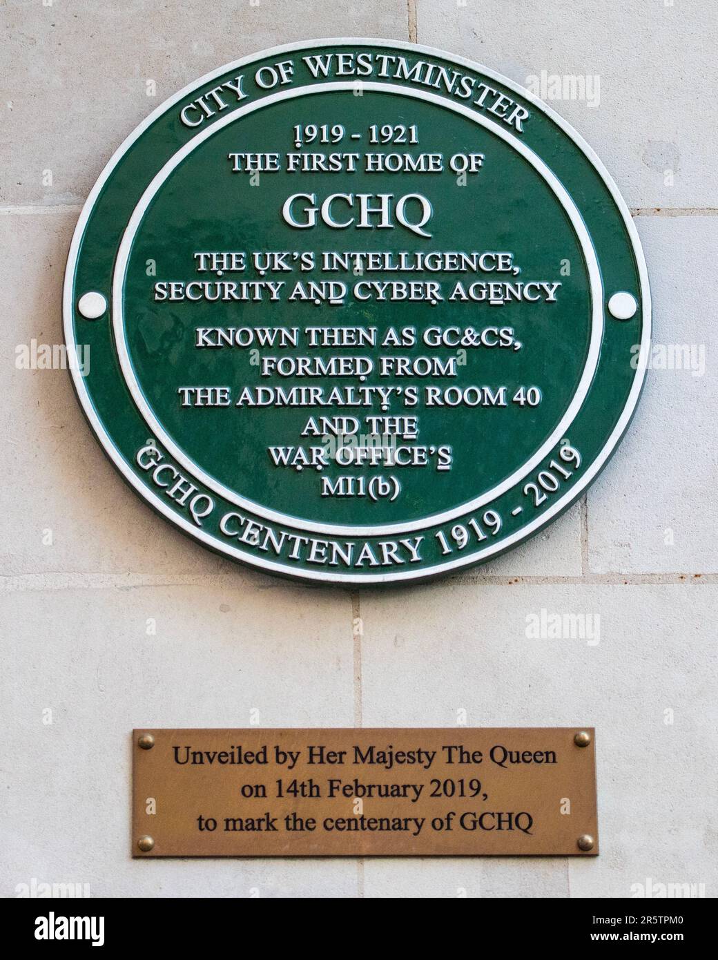London, UK - April 20th 2023: Plaque on the exterior of Watergate House in London, marking the location of the first home of GCHQ- the UKs intelligenc Stock Photo