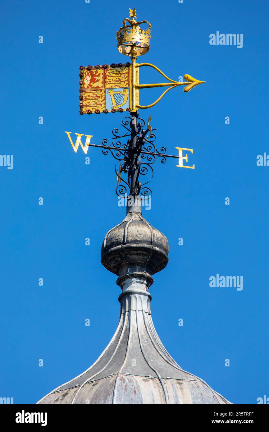 Closeup of a Royal Standard weathervane on the White Tower at the