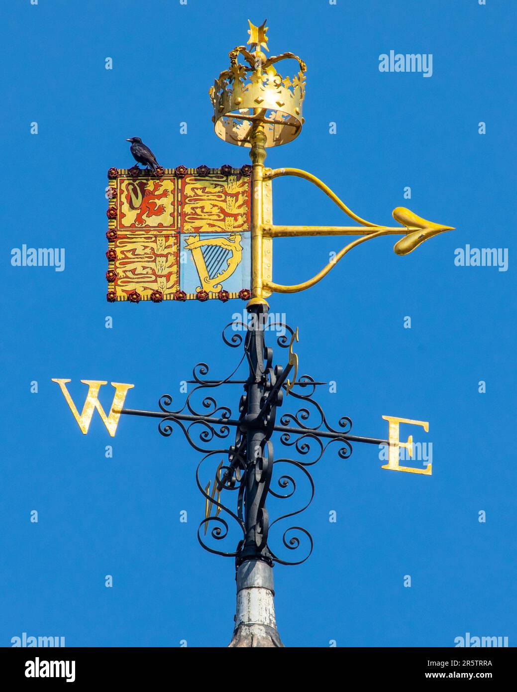 One of the Tower of London Ravens perched on a Royal Standard weathervane at the historic Tower of London, in London, UK. Stock Photo