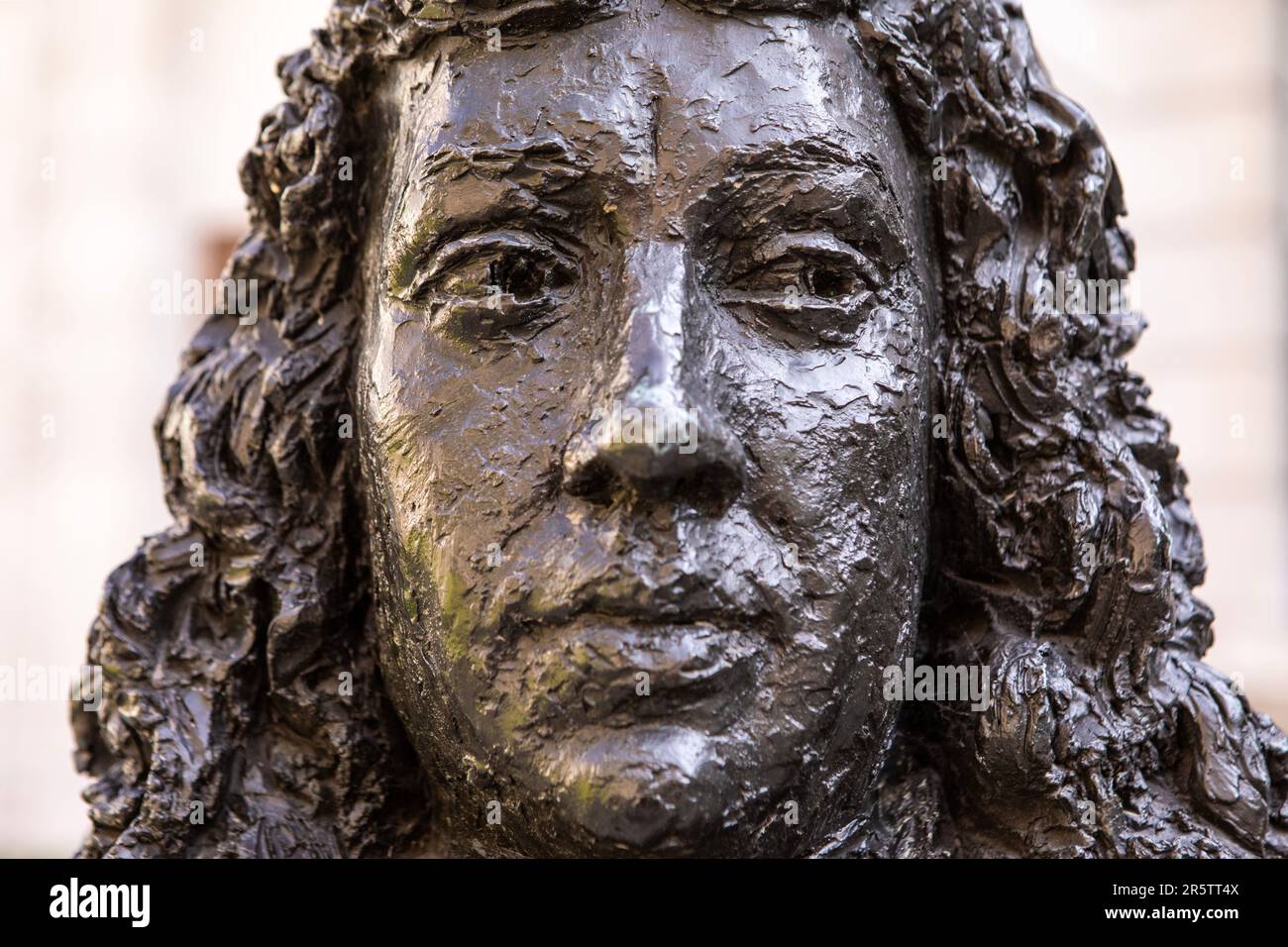 London, UK - April 17th 2023: Close-up of the sculpture of famous English diarist Samuel Pepys, located on Seething Lane in the city of London, UK. Stock Photo