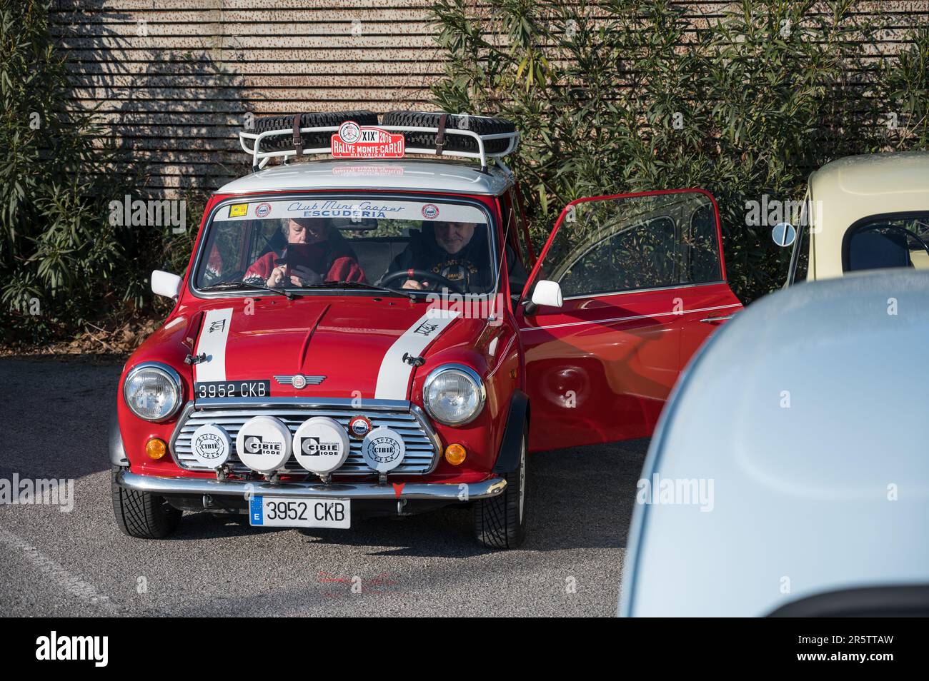 The front view of the classic rally Mini Cooper on the street Stock Photo