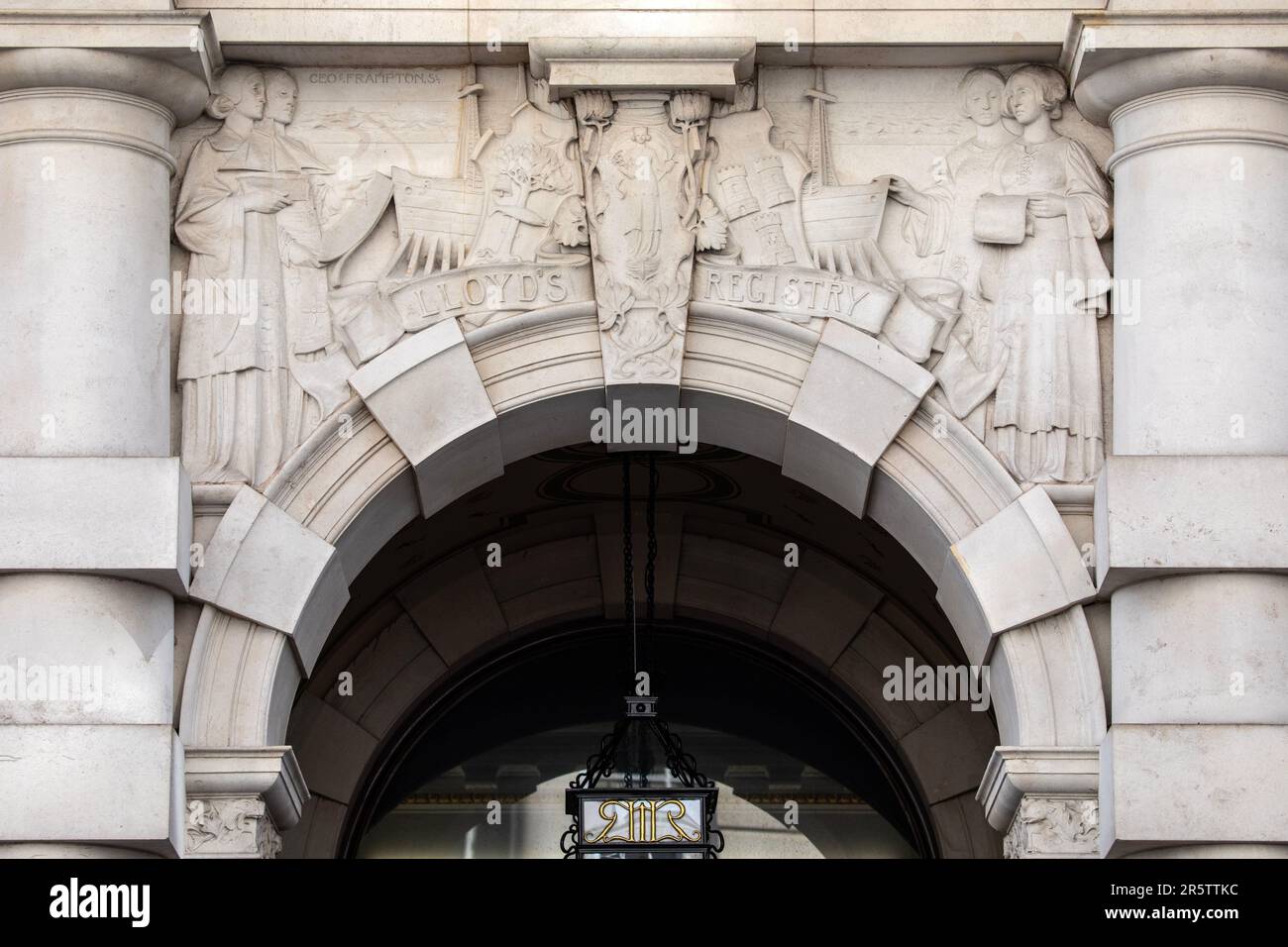 London, UK - March 23rd 2023: A relief sculpture on the exterior of the Lloyds Registry of Shipping, or Lloyds Register of Shipping headquarters, on F Stock Photo