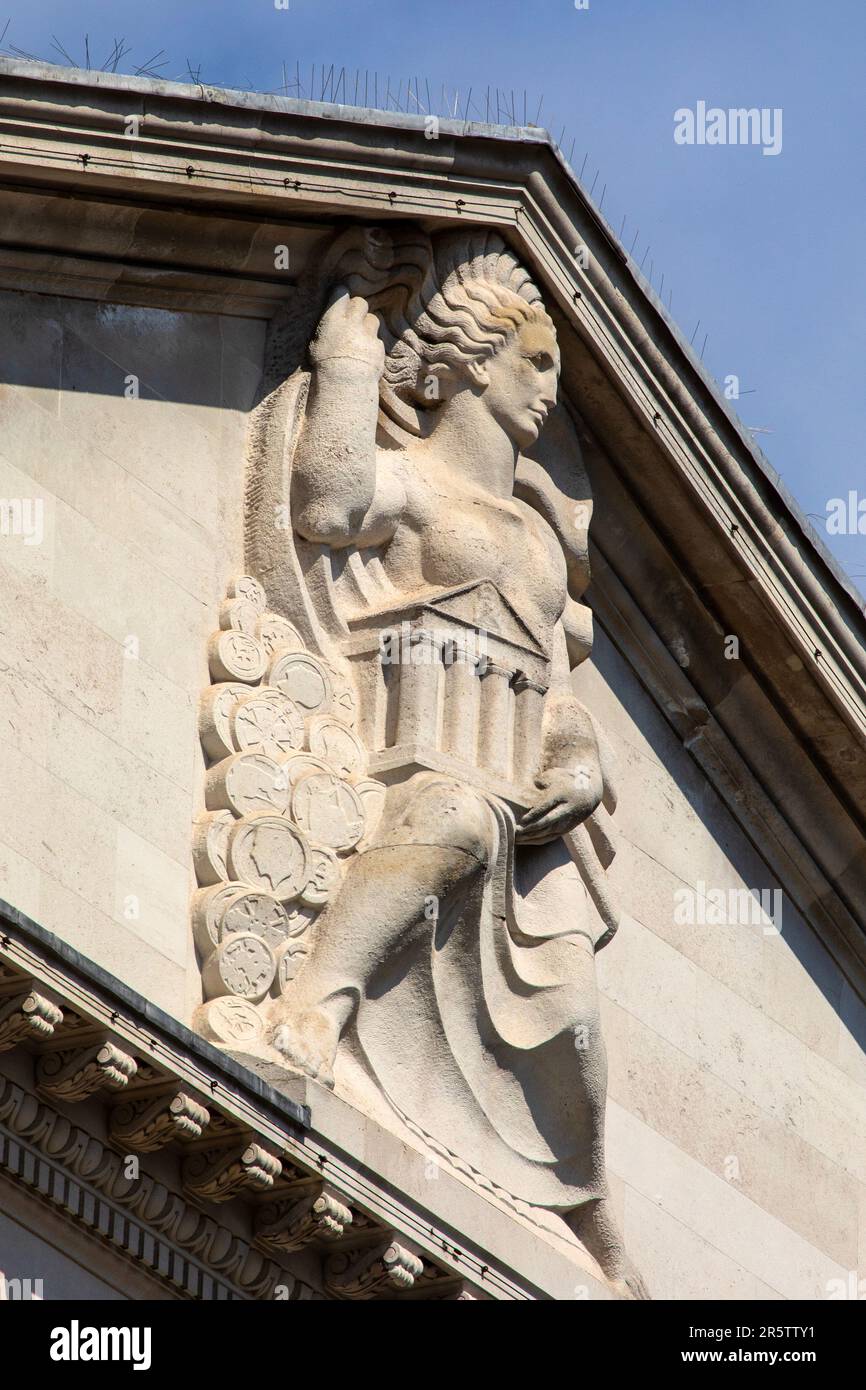 London, UK - April 17th 2023: Exterior detail of the magnificent Bank of England building in the City of London, UK. Stock Photo