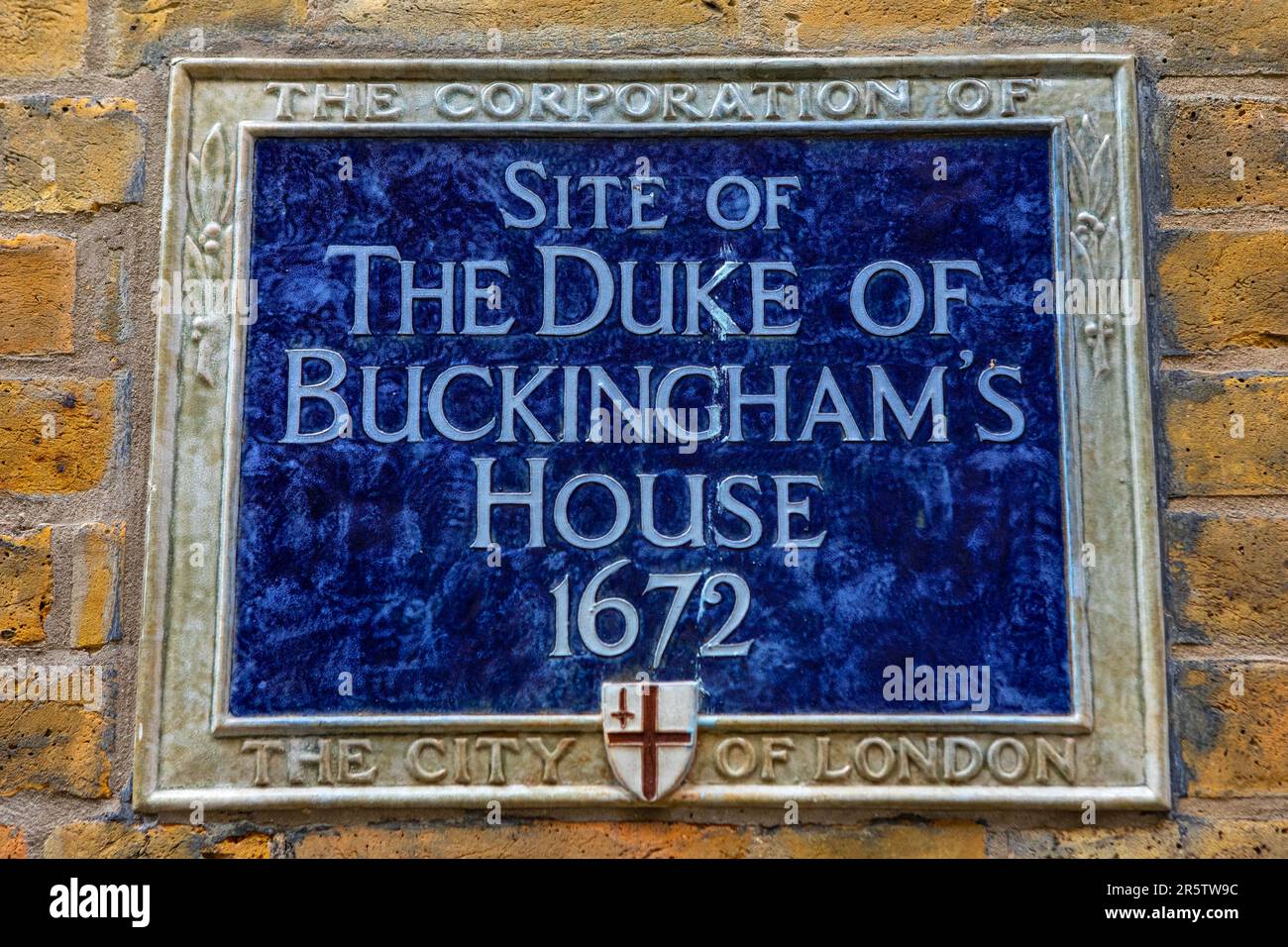 London, UK - April 17th 2023: A blue plaque on College Hill in London, UK, marking the location where the Duke of Buckinghams house once stood in 1672 Stock Photo