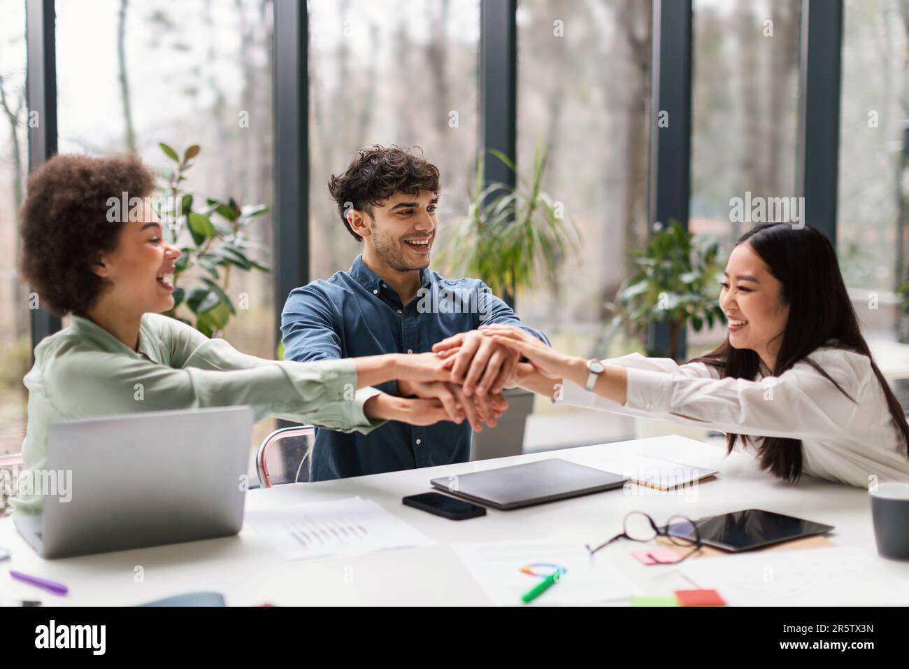 Joyful Diverse Coworkers Celebrating Success Uniting Stacked Hands In ...