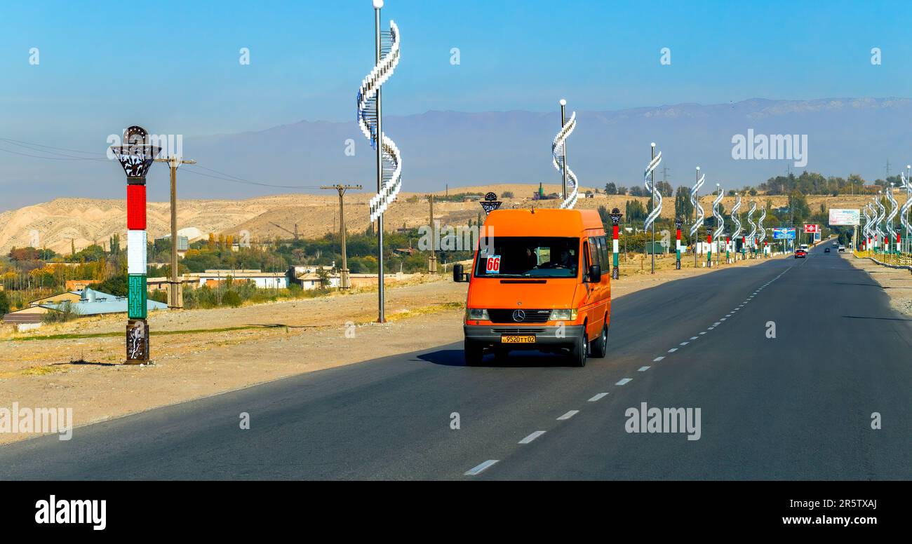 Khujand, Tajikistan. October 17, 2019: Minibus on the road local passenger transport . Stock Photo