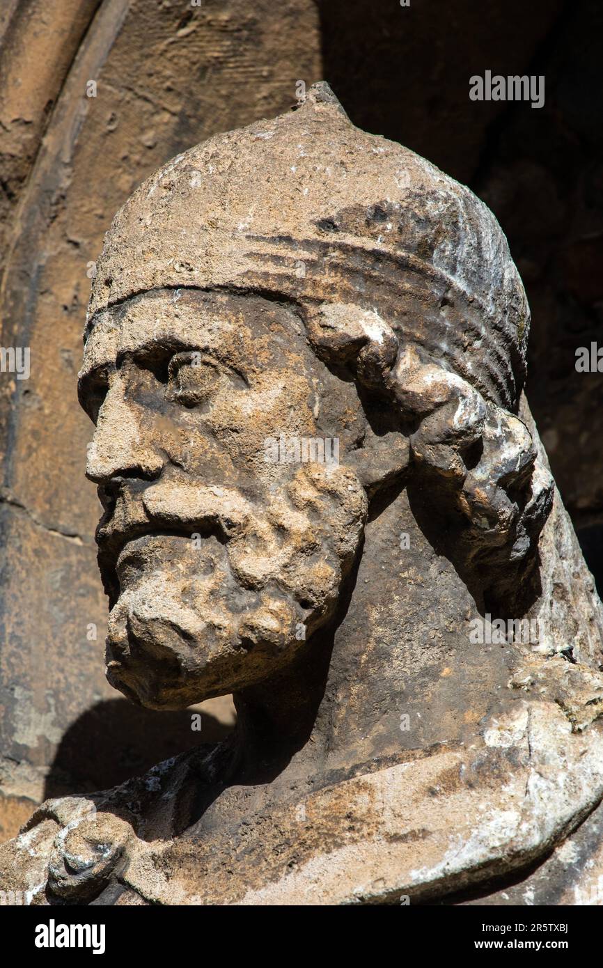 A sculpture of Byrhtnoth - the hero of the famous battle of Maldon in 991 AD, on the exterior of the historic All Saints Church in Maldon, Essex, UK. Stock Photo