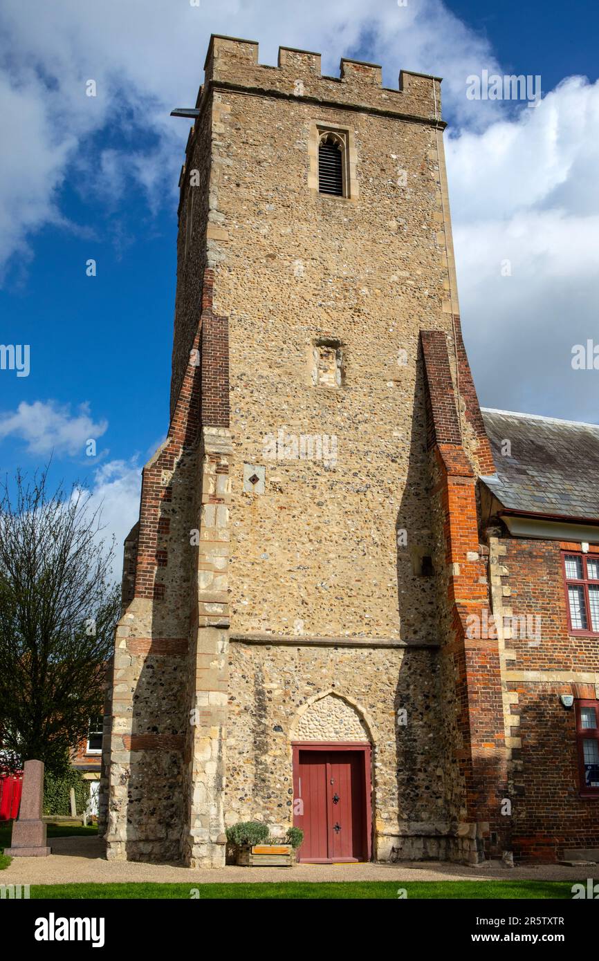 The tower of St. Peters Church in the town of Maldon in Essex, UK.  The tower is now part of Thomas Plumes Library. Stock Photo