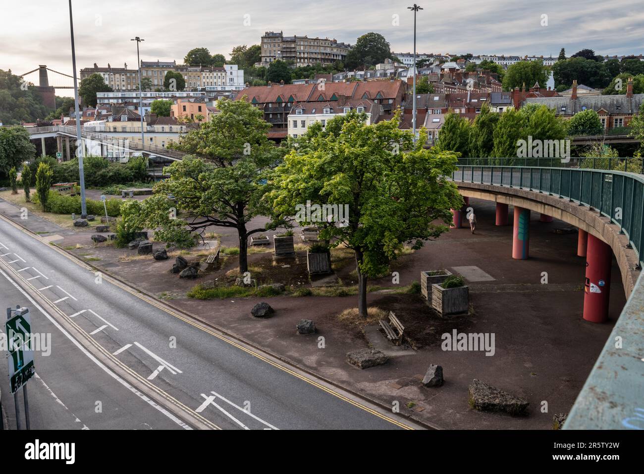 Trees and planters form a pocket part in the Cumberland Basin road system of flyovers and intersections in Hotwells, Bristol. Stock Photo