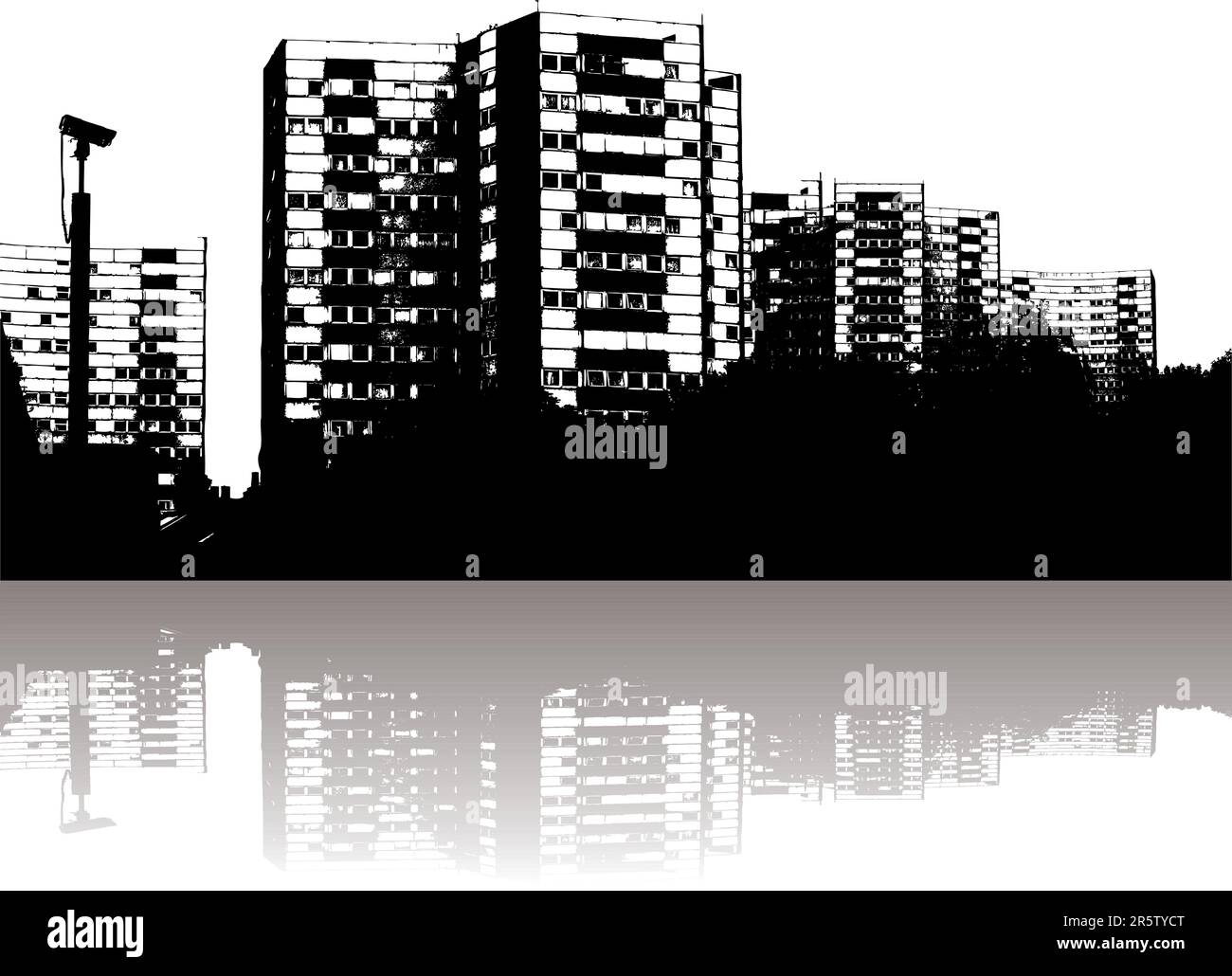 Illustration of a city skyline with reflection in black and white Stock ...