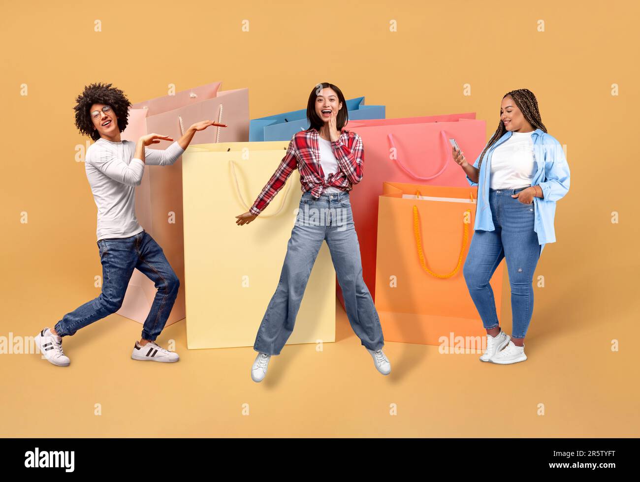 Positive multicultural millennials shopping during black friday, collage Stock Photo