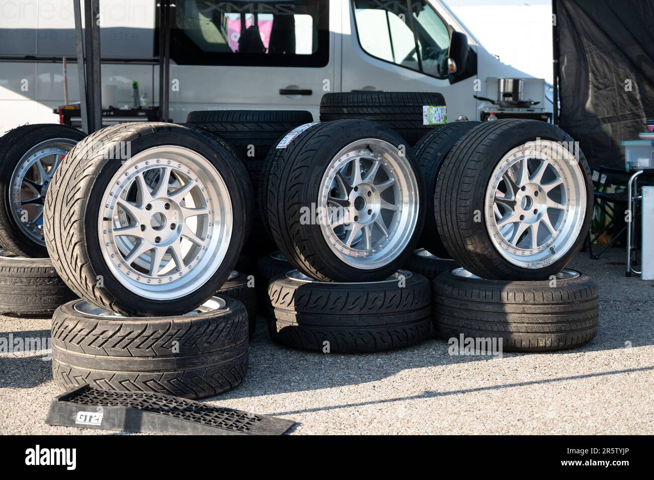 Set of tires and alloy wheels prepared to mount on the racing car Stock