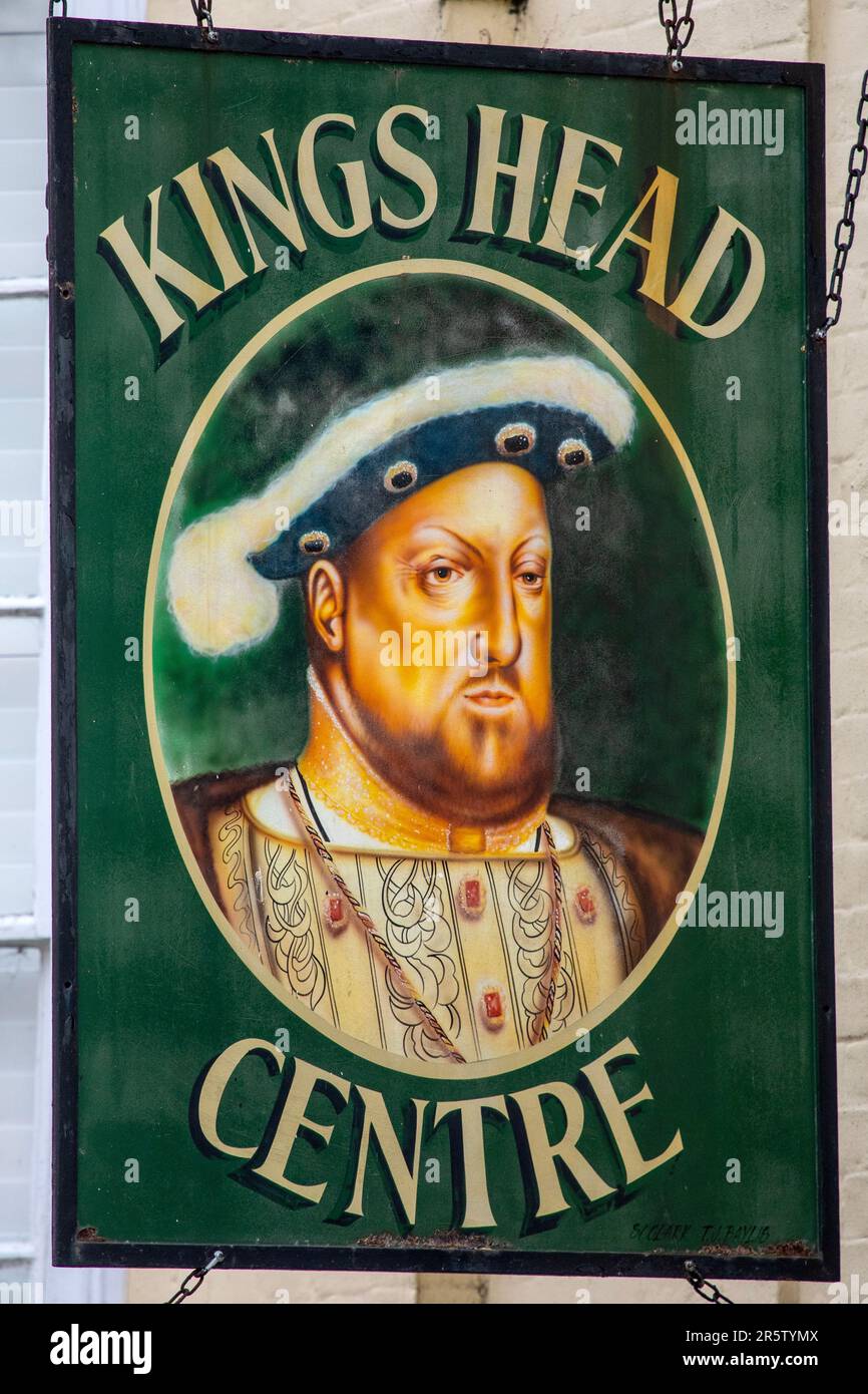 Essex, UK - March 24th 2023: Kings Head Centre hanging sign on the exterior of a building in the town of Maldon in Essex, UK. Stock Photo