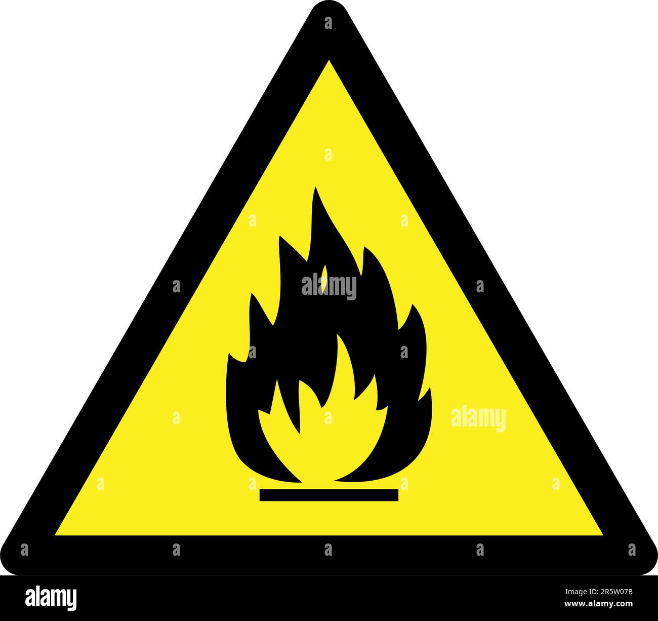 Flammable Fire Hazard warning symbol on yellow triangular sign Stock