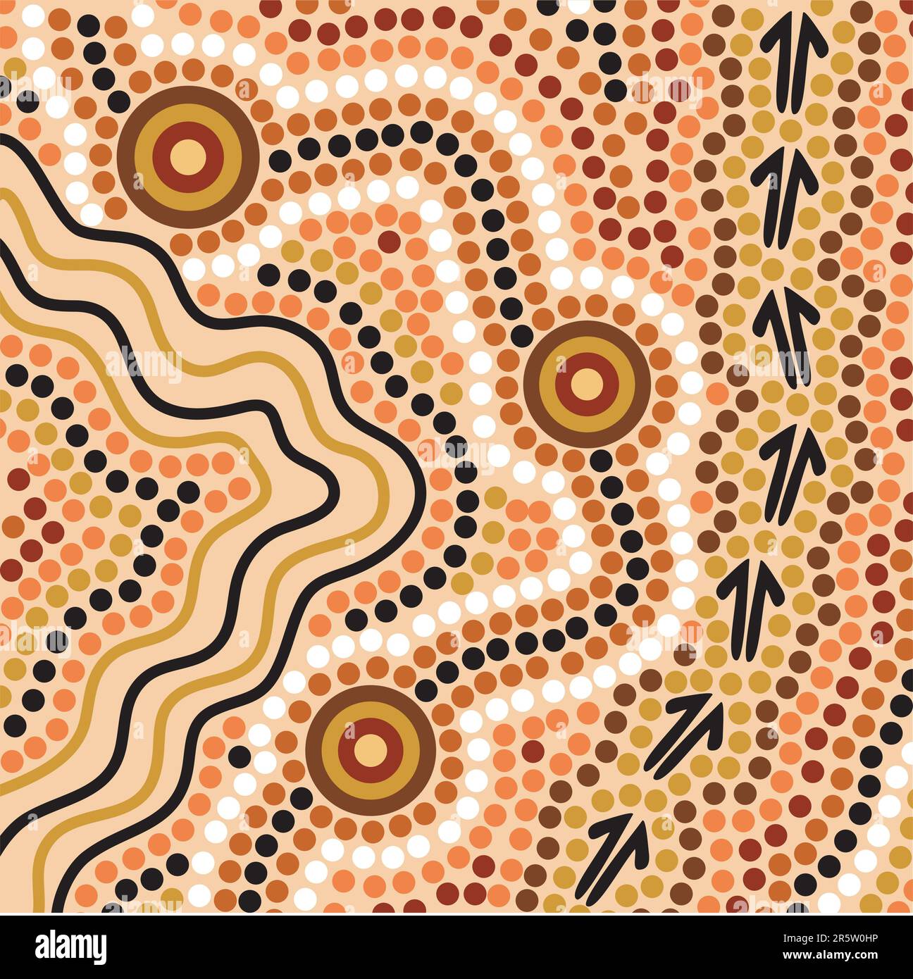 Hand drawn Aboriginal abstract depicting flowing water, kangaroo tracks and waterholes Stock Vector