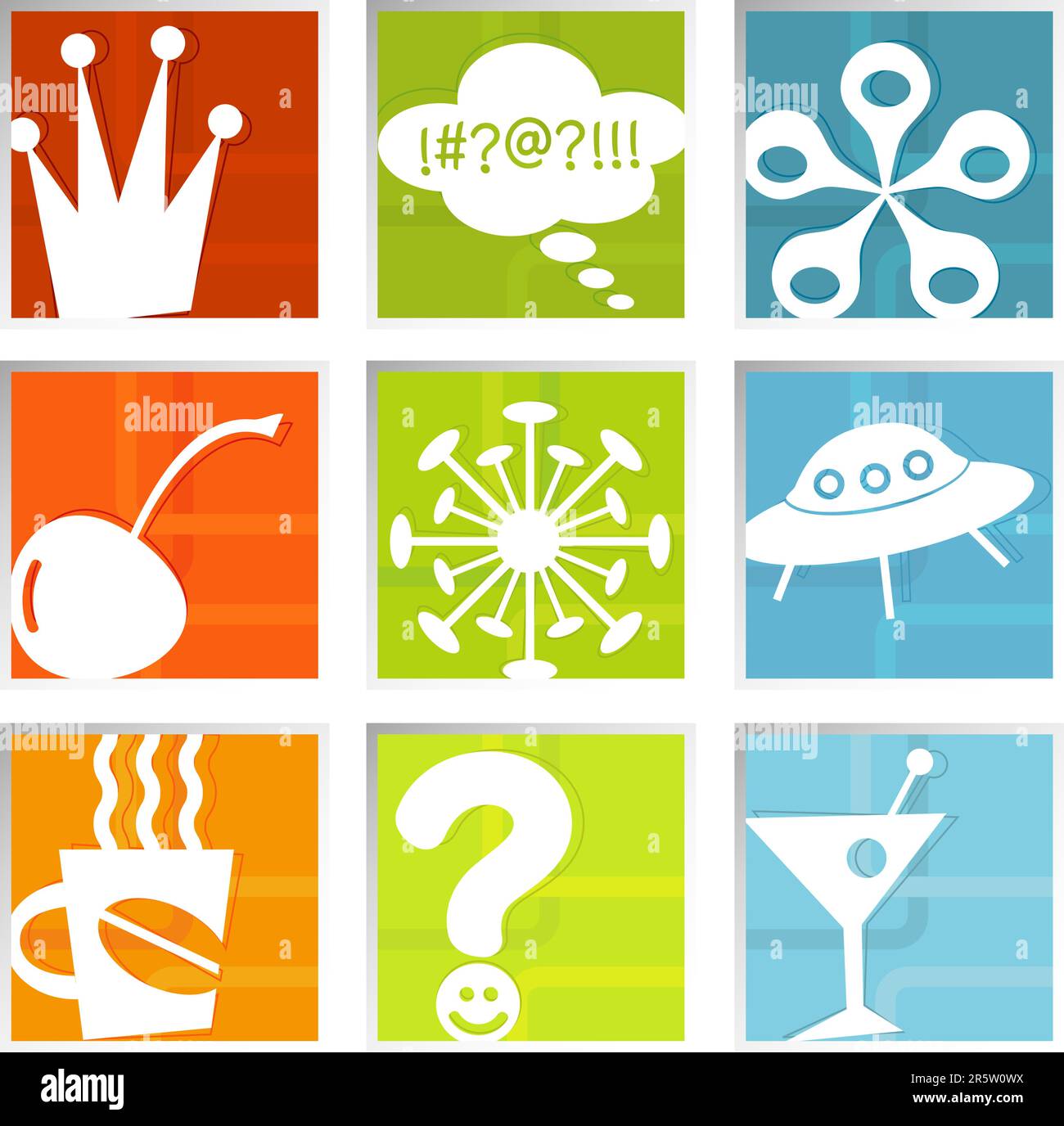 Retrostylized colorful set of fun icons in beveled frame; symbols kept
