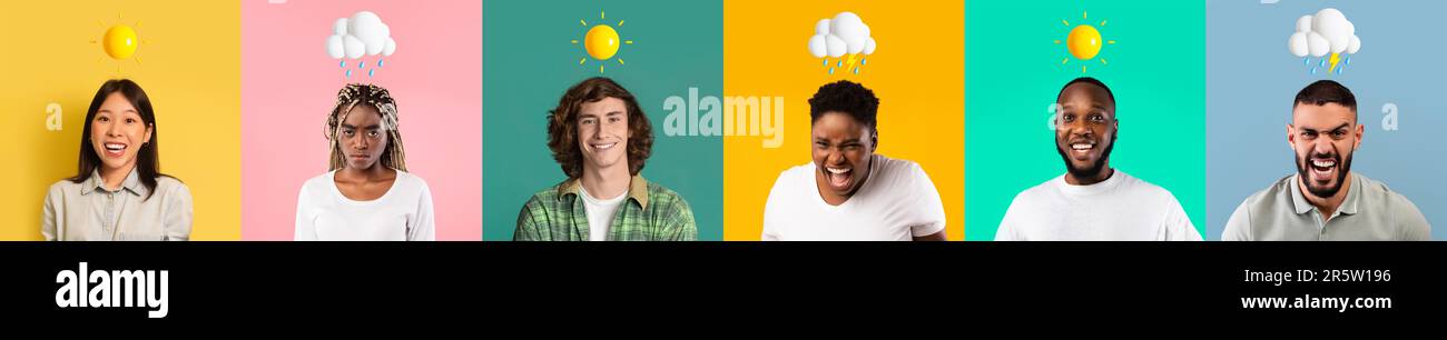 Emotional Rollercoaster. Diverse Multiethnic People Experiencing Range Of Emotions, Collage Stock Photo