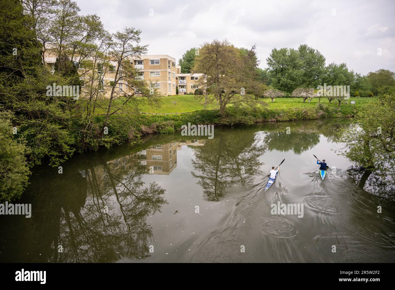 Two men paddle kayaks in the River Avon at Bath in Somerset Stock Photo ...