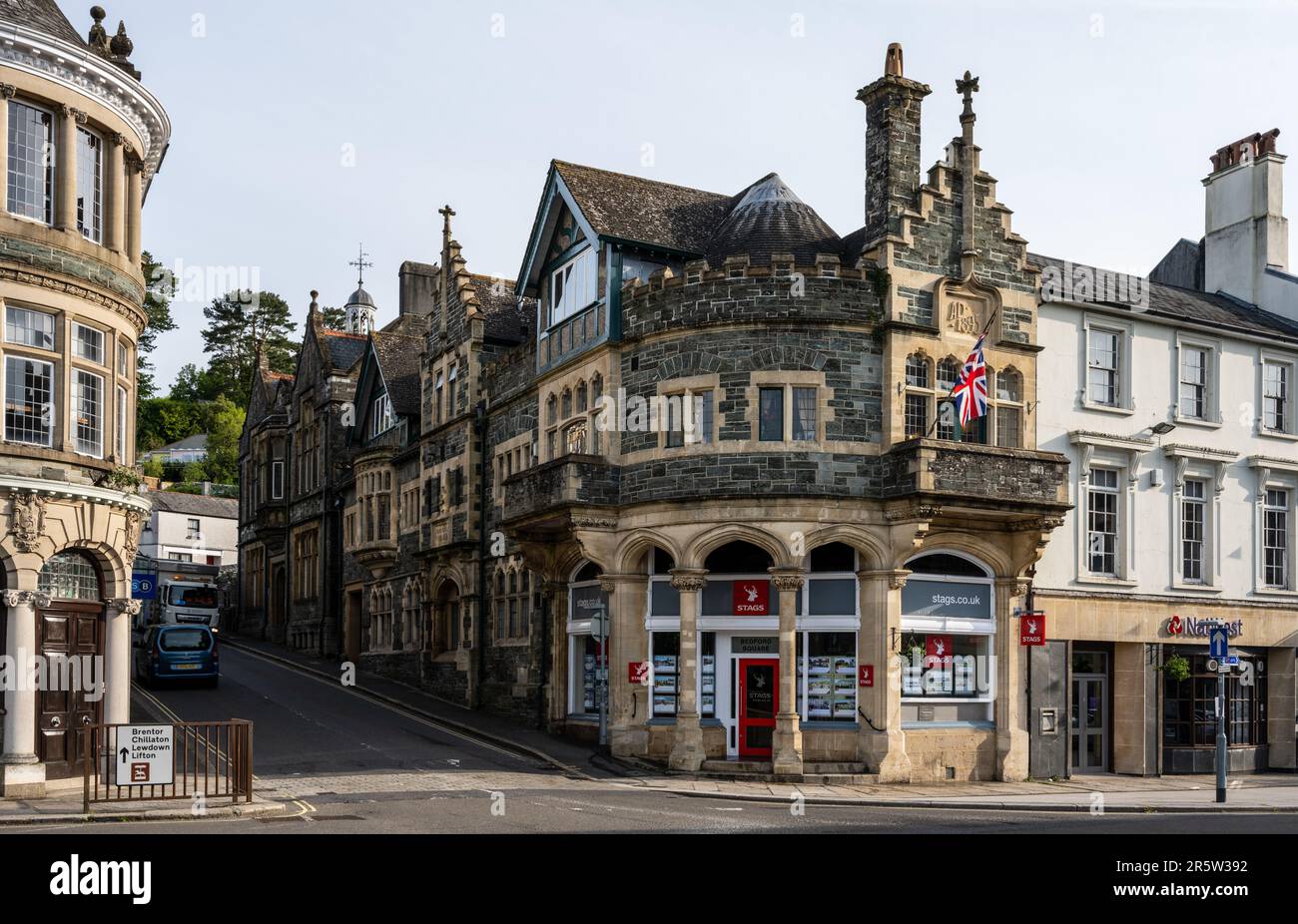 Traditional shops and houses line the main streets of Tavistock town centre in West Devon. Stock Photo