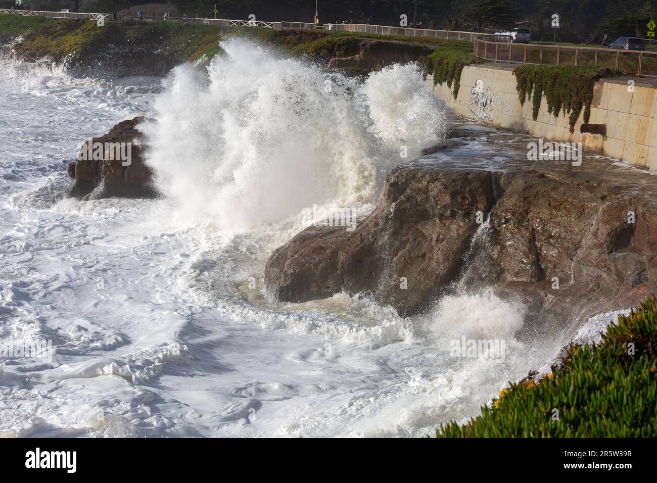 A coastal scene of Santa Cruz flooding in Jan 2023 showing the Cement