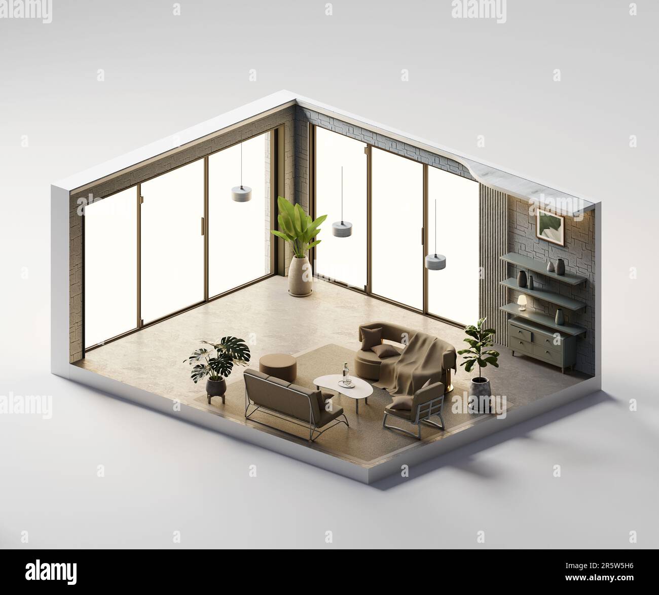 Isometric view living room muji style open inside interior architecture ...