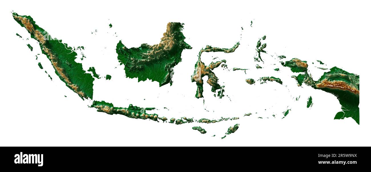 Indonesia. Highly detailed 3D rendering of a shaded relief map with rivers & lakes. Colored by elevation. White background. Created w/ satellite data. Stock Photo