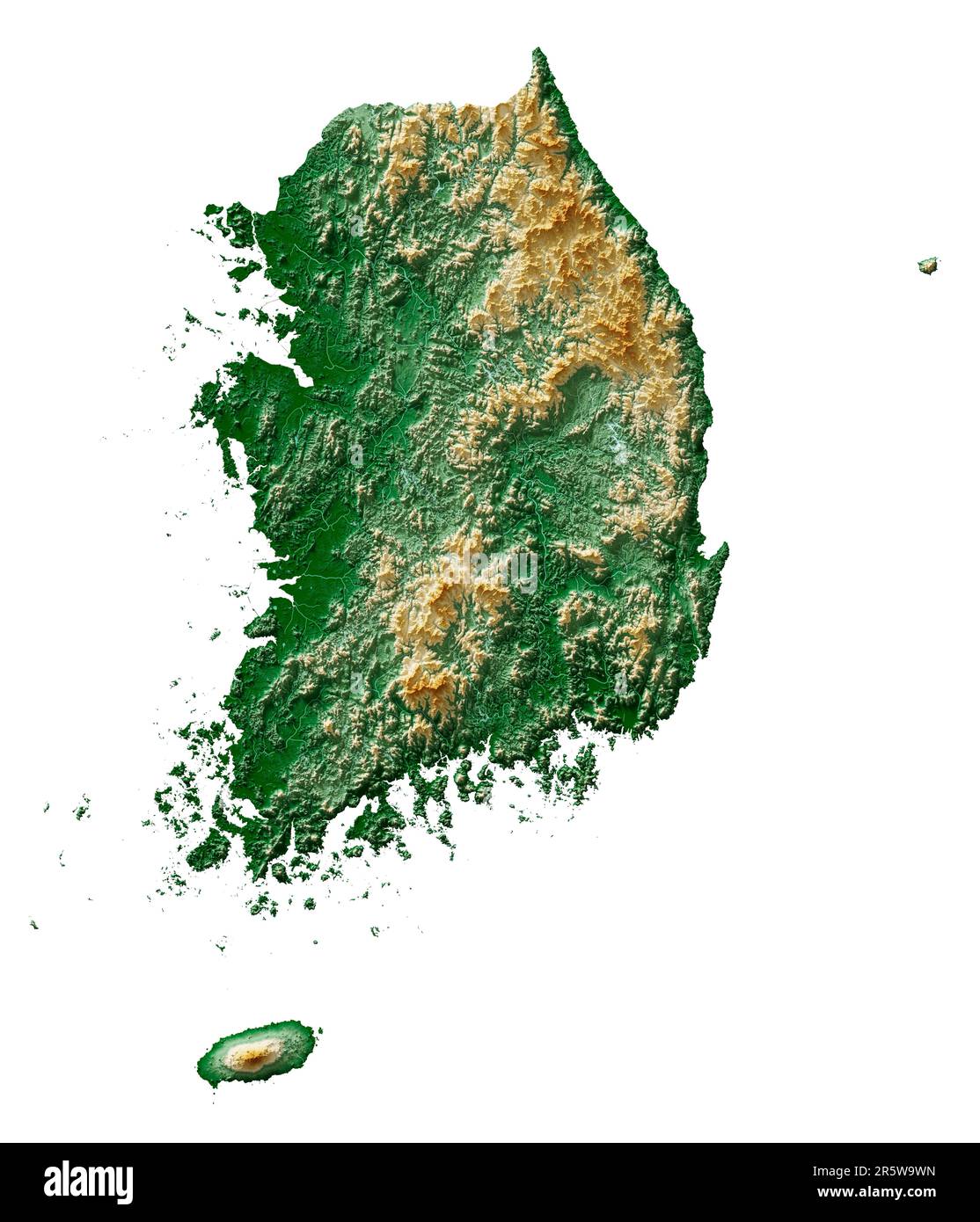 South Korea. Detailed 3D rendering of a shaded relief map with rivers