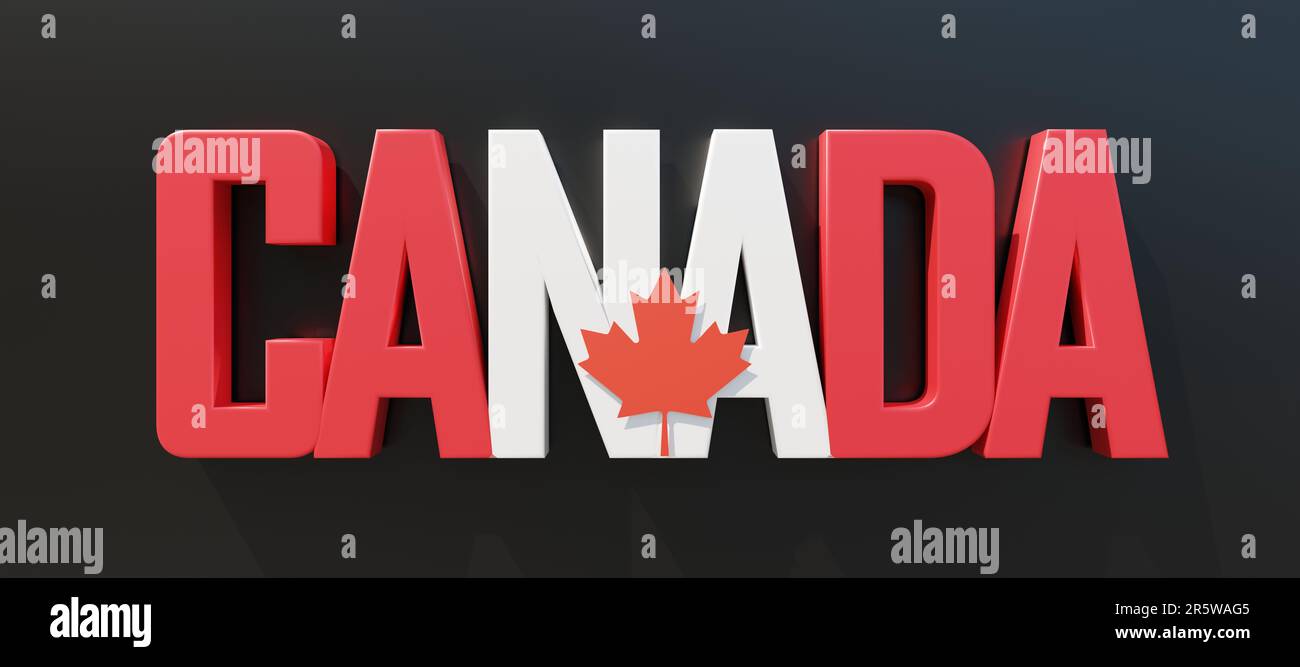 Canada day, Canadian National Holiday. red and white text and maple leaf isolated on black, 3d render Stock Photo