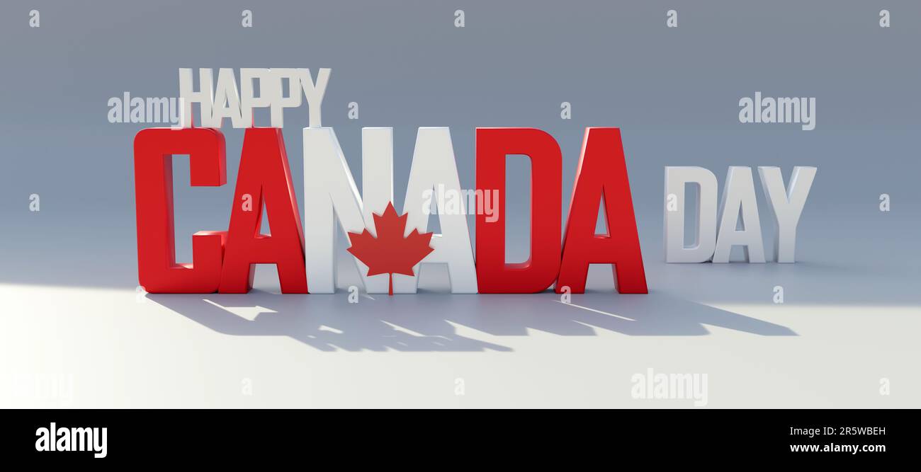 Happy Canada day, Canadian National Holiday. red and white text and maple leaf isolated on white, 3d render Stock Photo
