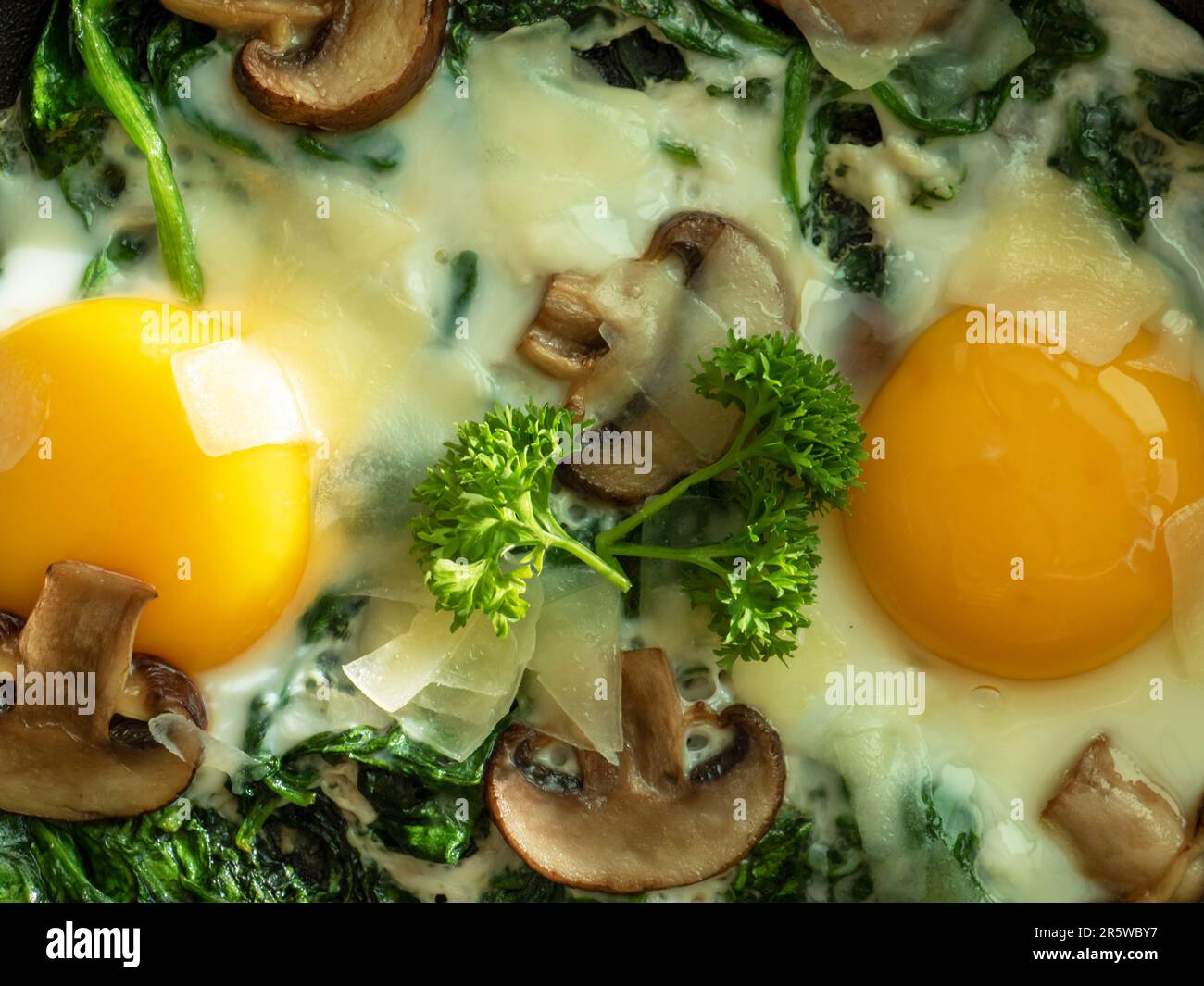 Idea for breakfast. Two eggs with spinach, mushrooms and cheese. Healthy homemade dish for low carb diet. Top view. Macro food Stock Photo