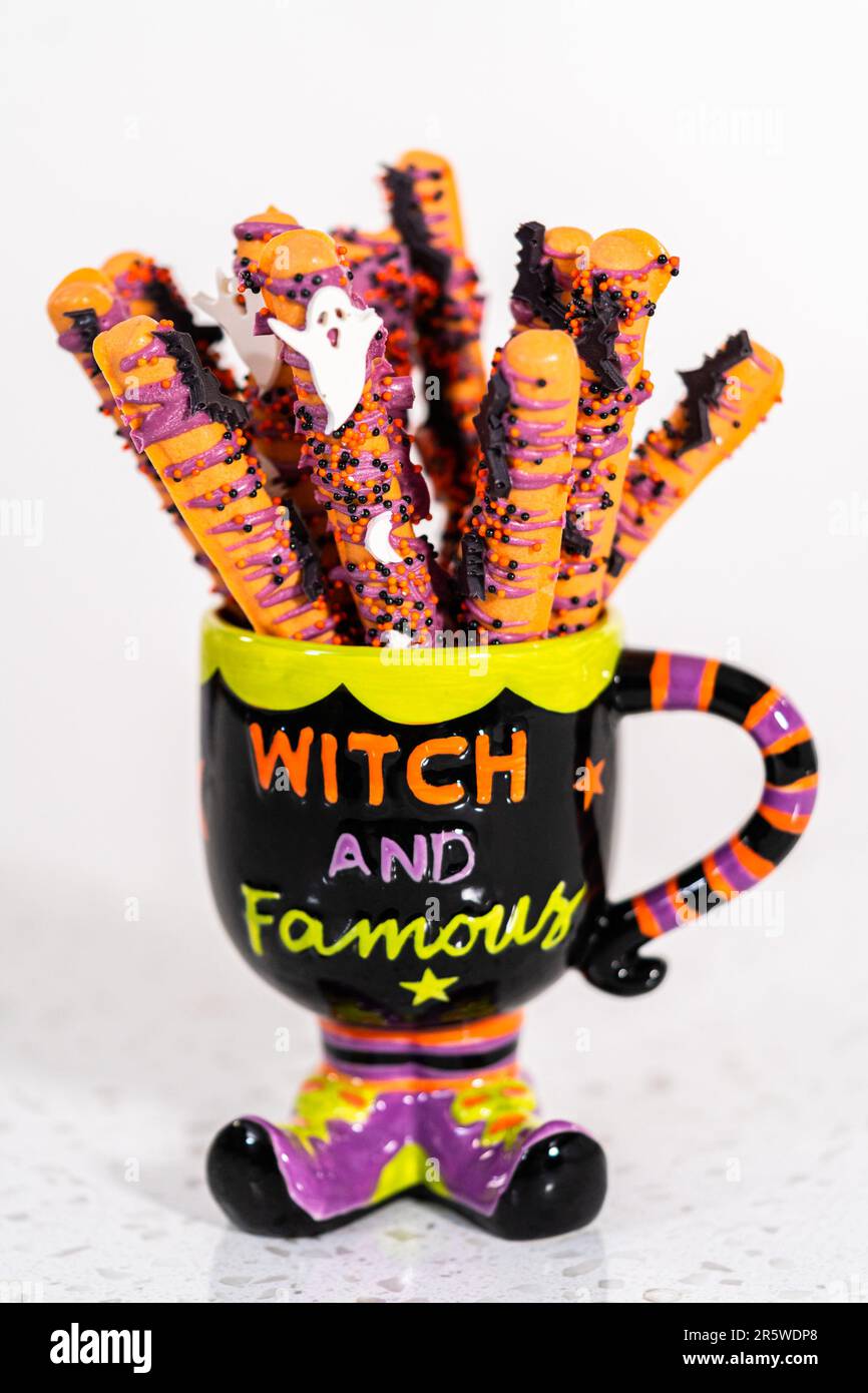 Halloween chocolatecovered pretzel rods Stock Photo Alamy