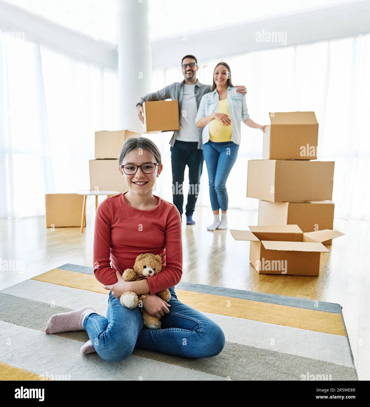child family box home house moving happy apartment pregnant mother