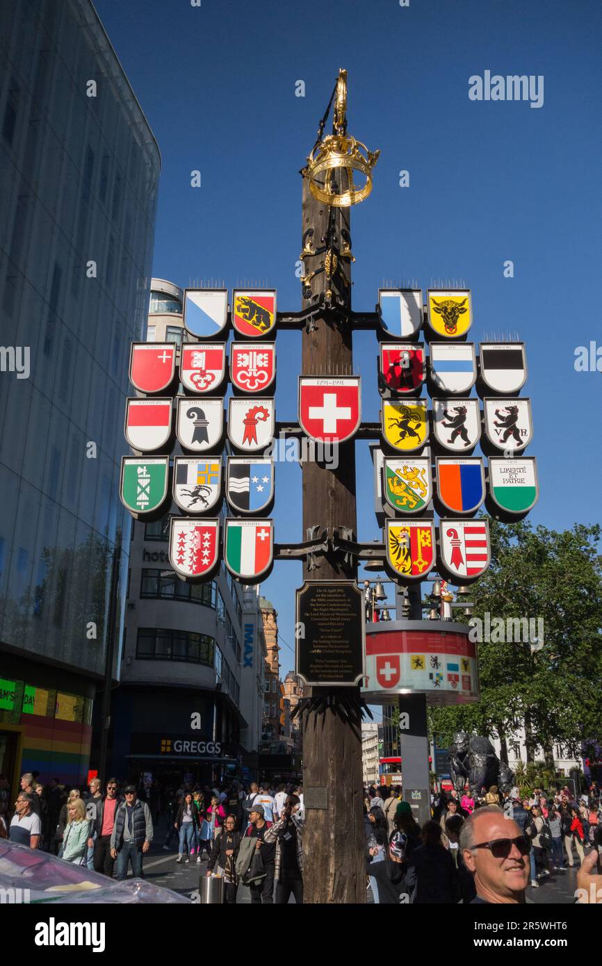 Swiss Cantonal Tree and glockenspiel in Leicester Square, London, England, UK Stock Photo