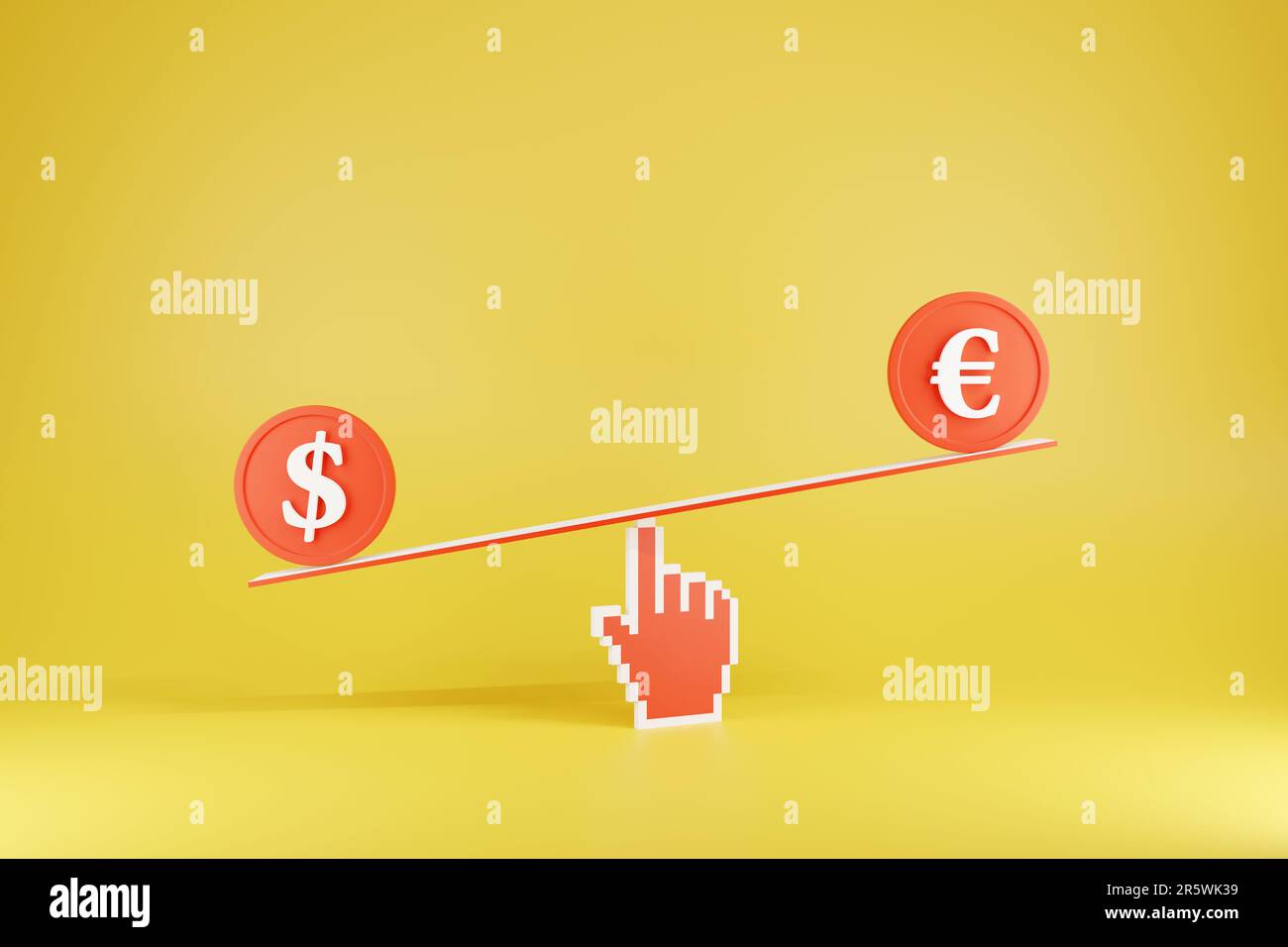 US dollar and Euro coins on the seesaw with pixelated pointer pivot on yellow background. Exchange rate and stability between American and EU currency Stock Photo