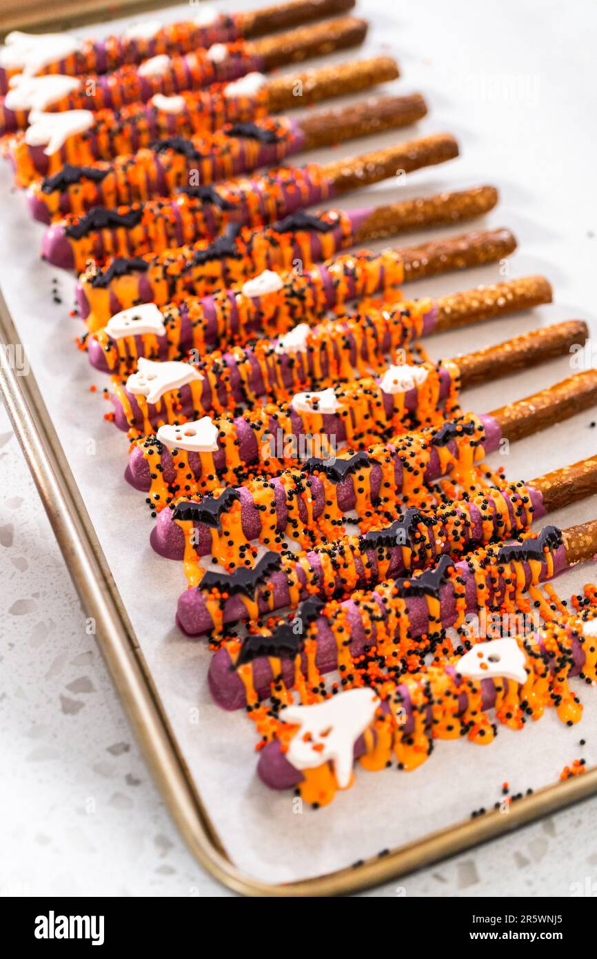 Halloween chocolatecovered pretzel rods Stock Photo Alamy