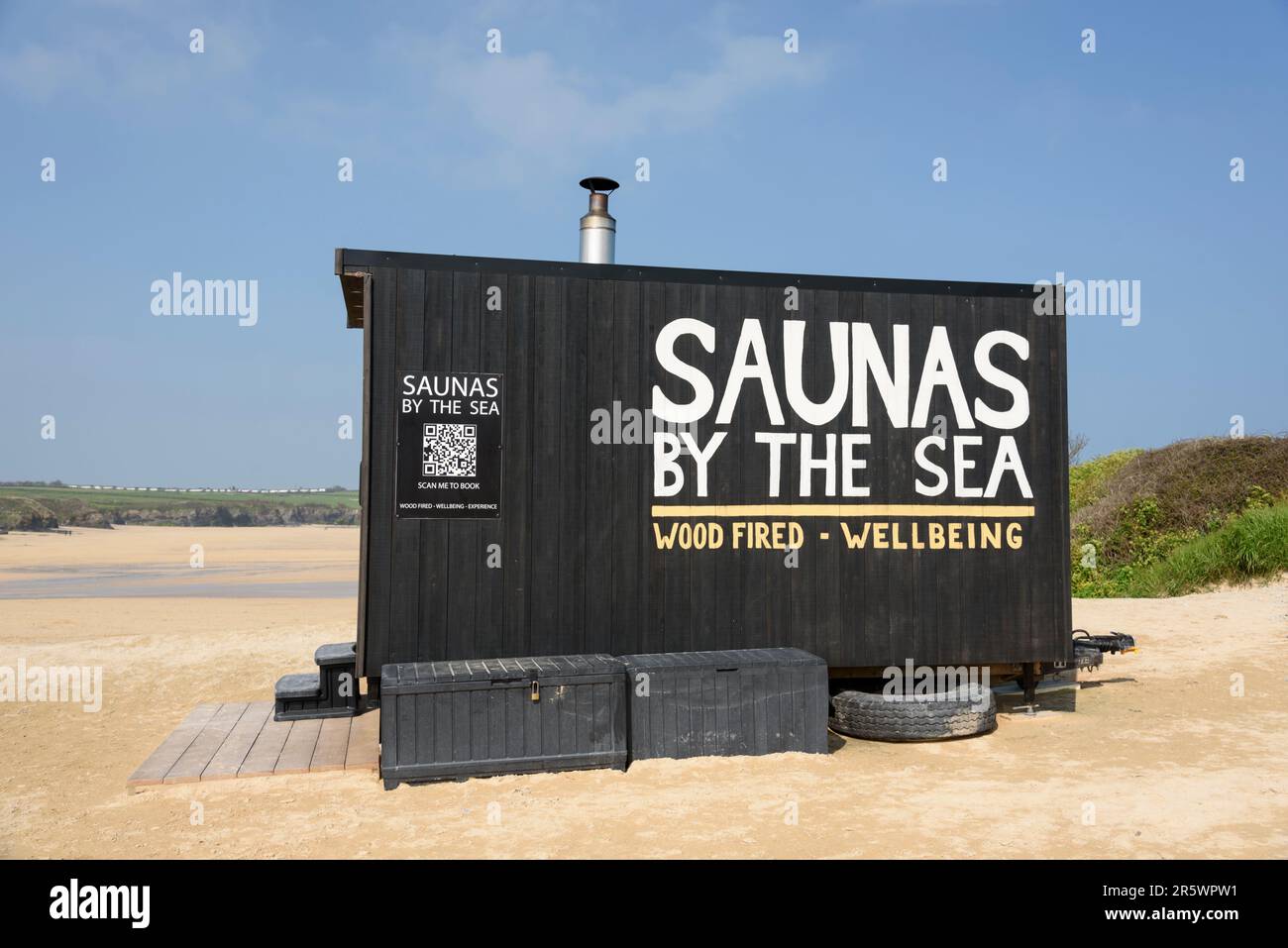 Beach hut offering saunas by the sea at Harlyn Bay, Cornwall, England