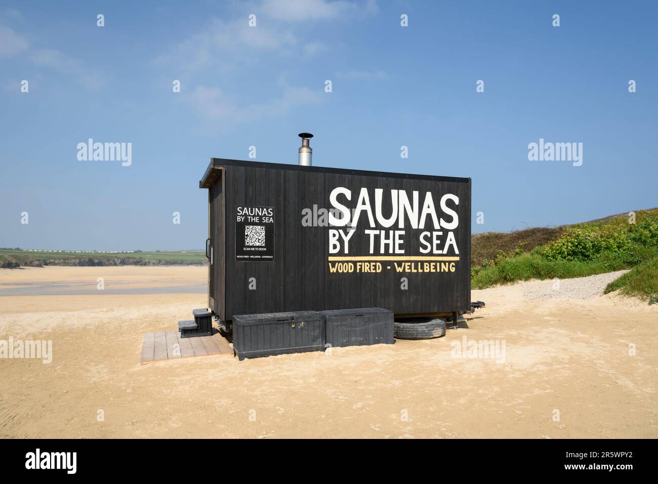 Beach hut offering saunas by the sea at Harlyn Bay, Cornwall, England
